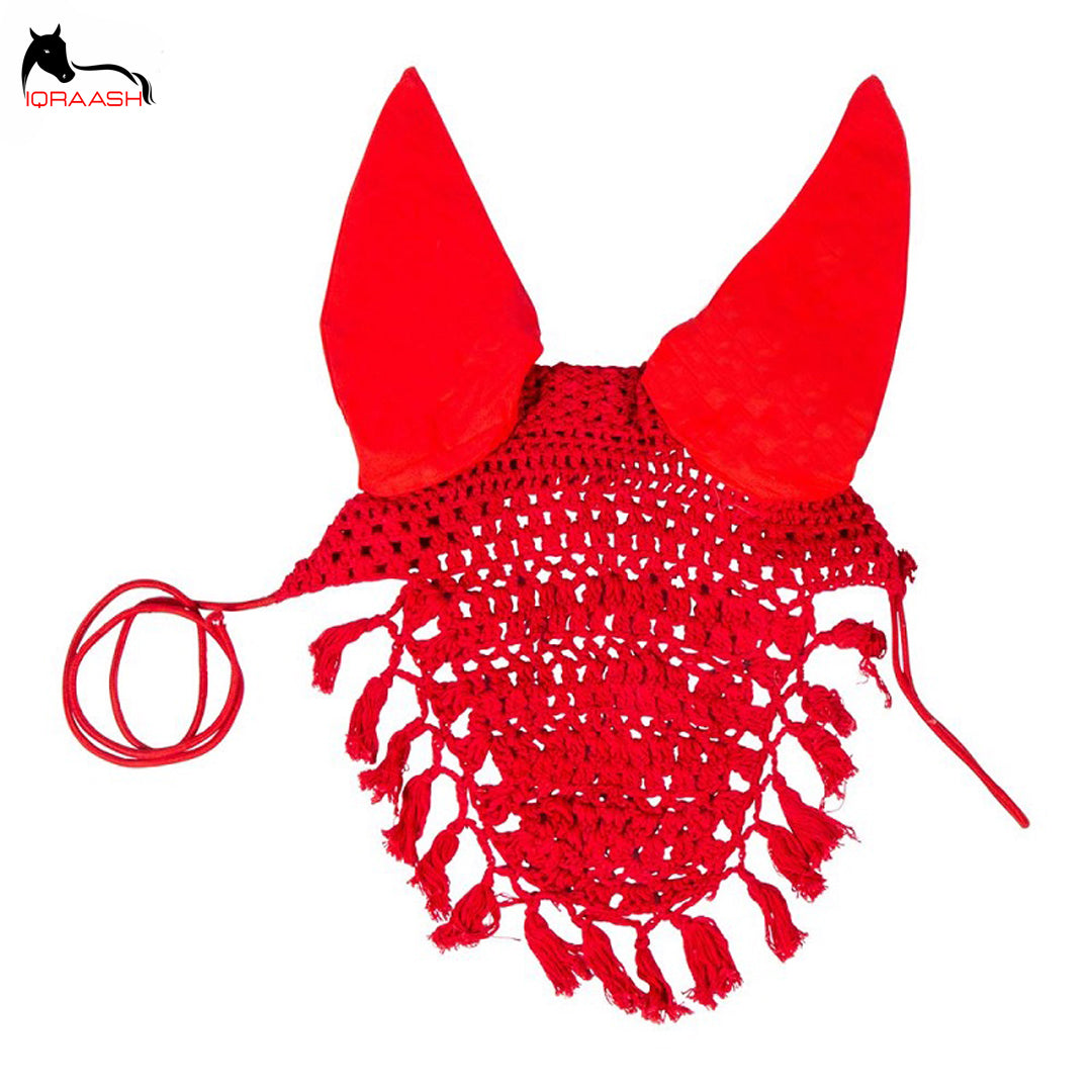 Iqraash Horse Ear Bonnets With Fringes Fancy Design Red Color Fly Hoods For Horses