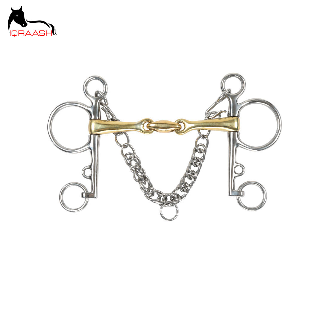 Iqraash Professional Pelham Bit | Stainless Steel, Double Jointed, Gold Curb Chain | Customized Horse Bit