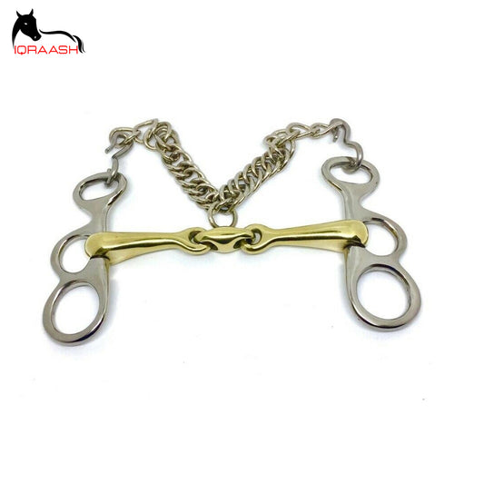 Stainless steel horse baucher bit with loose rings and a golden chain | Customized Horse Bits