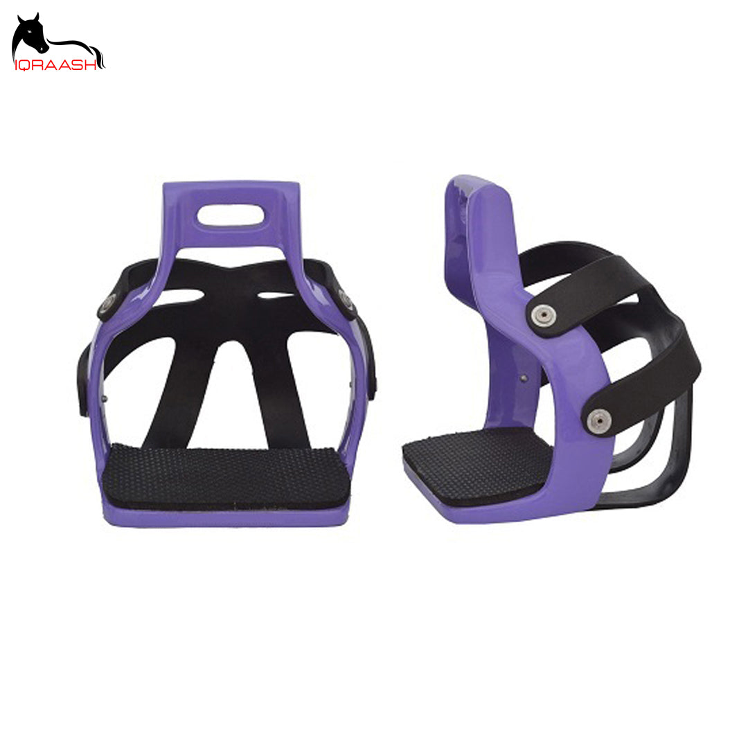 Conquer Your Ride in Style: Iqraash Purple & Black Plastic Horse Stirrups with Wide Base & Curved Arch  Description: