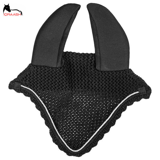 Iqraash Horse Ear Net In Black Color With White Border Fly Hood Veils For Horses